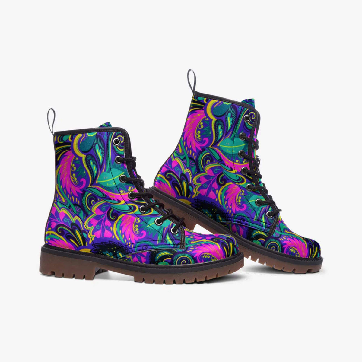 Hippie Art Zone - Floral Abstract Leather Boots, Cute Trendy Boho Hippie Style Combat Boots