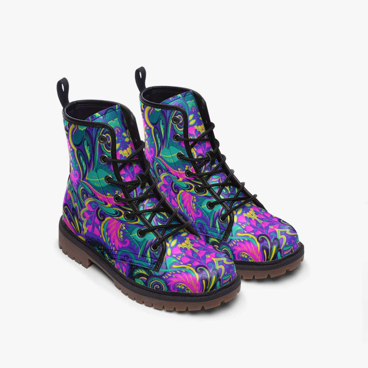 Hippie Art Zone - Floral Abstract Leather Boots, Cute Trendy Boho Hippie Style Combat Boots