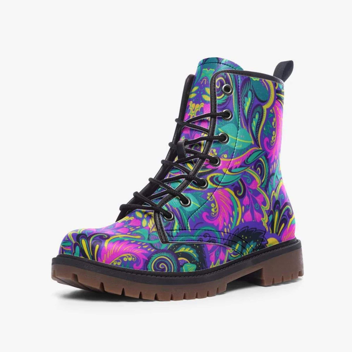 Hippie Art Zone - Floral Abstract Leather Boots, Cute Trendy Boho Hippie Style Combat Boots