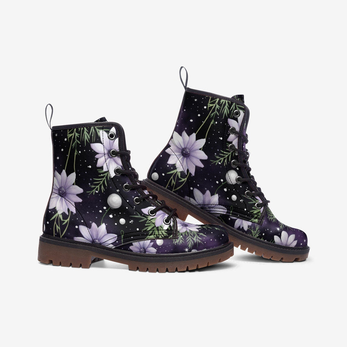 Hippie Art Zone - Floral Purple Vegan Leather Combat Boots For Hippies