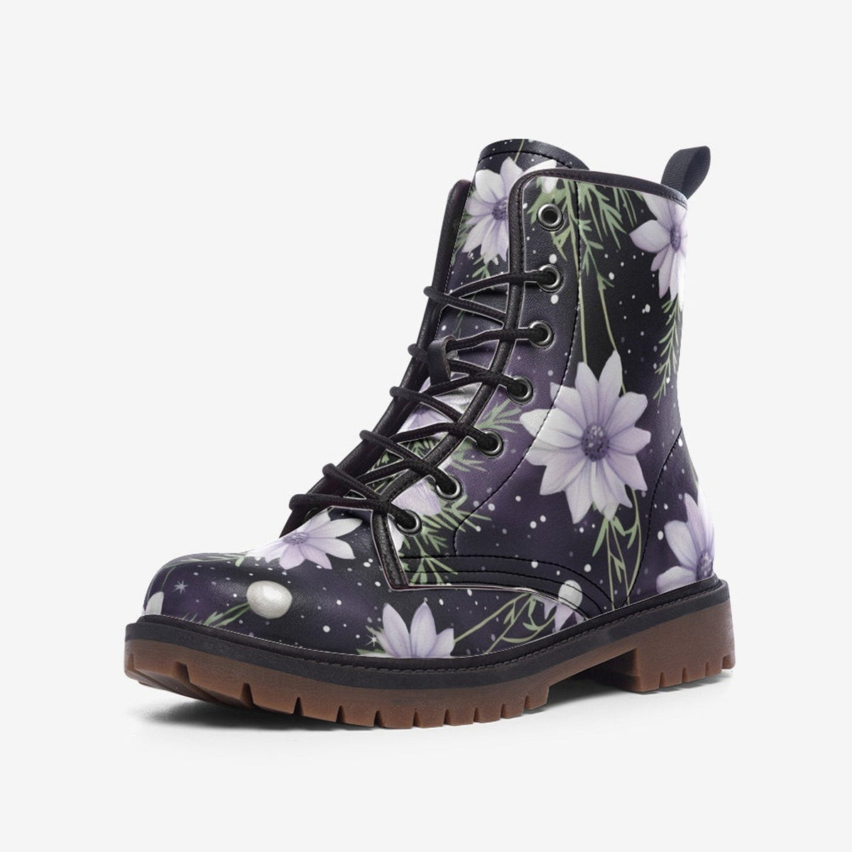 Hippie Art Zone - Floral Purple Vegan Leather Combat Boots For Hippies