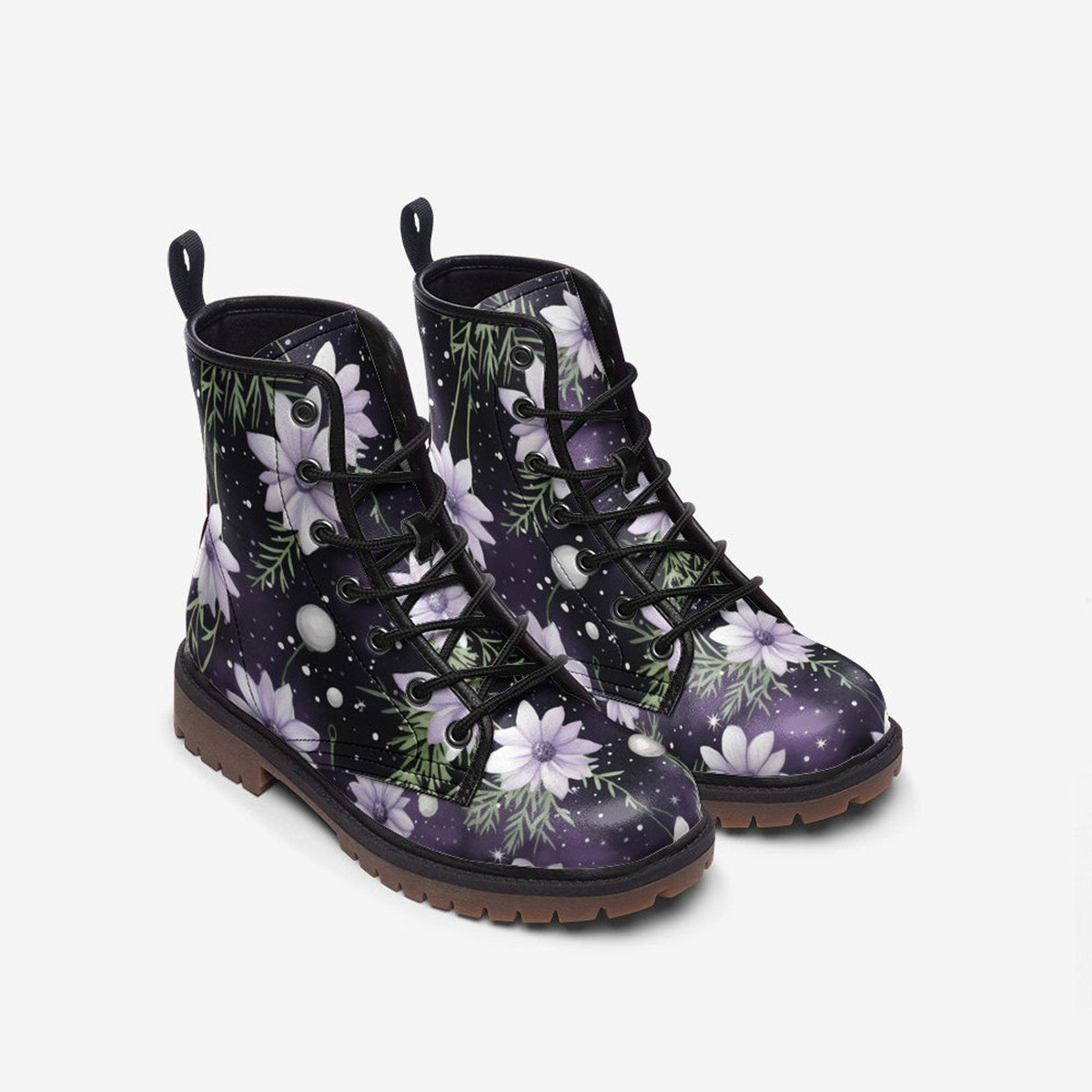 Hippie Art Zone - Floral Purple Vegan Leather Combat Boots For Hippies