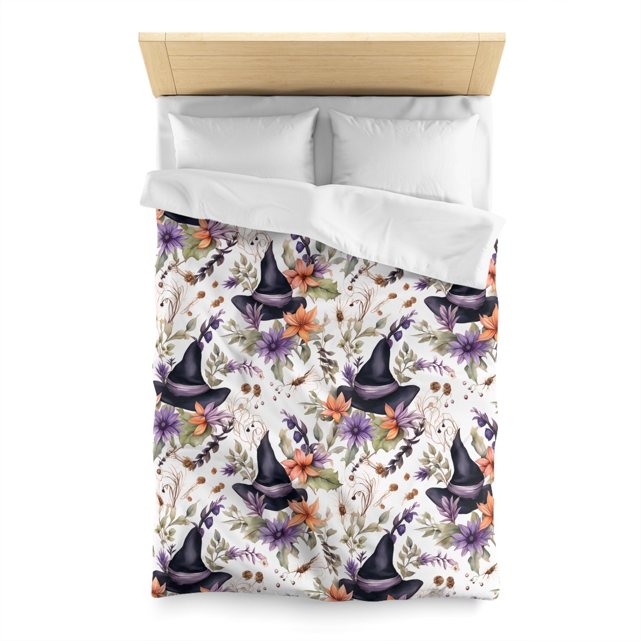 Hippie Art Zone - Floral Watercolor Witch, Halloween Whimsical Gothic Bedding Set For Hippies