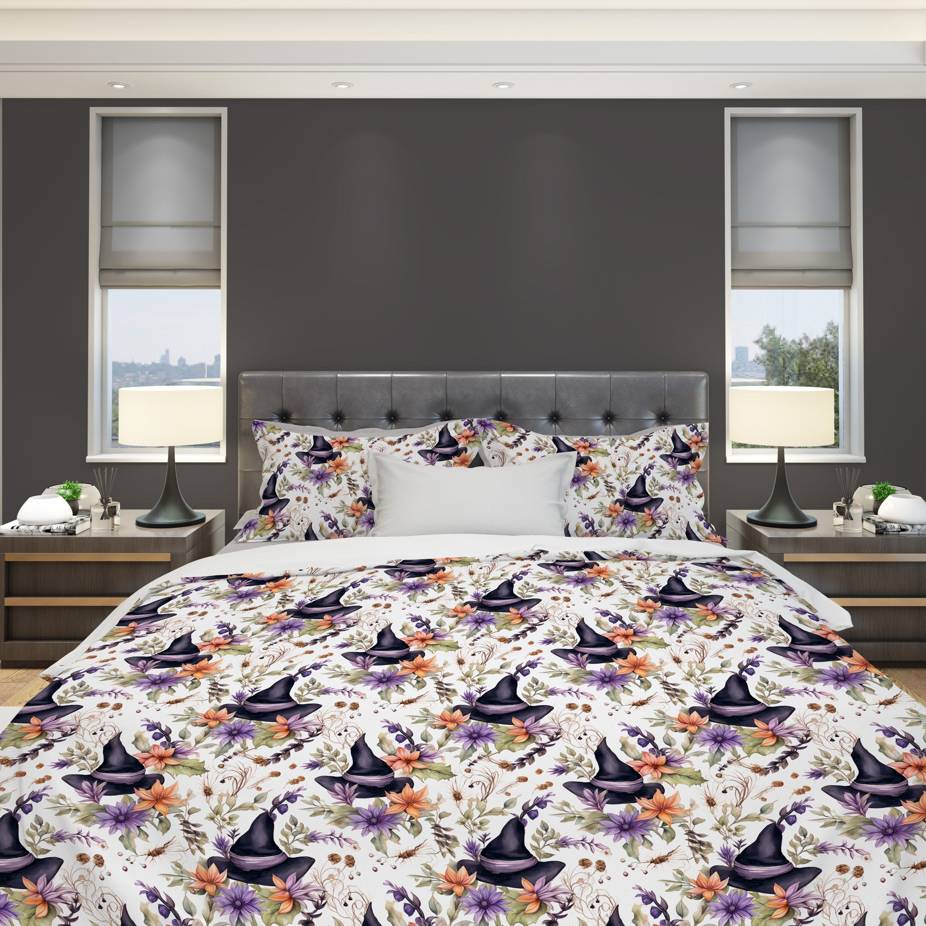 Hippie Art Zone - Floral Watercolor Witch, Halloween Whimsical Gothic Bedding Set For Hippies
