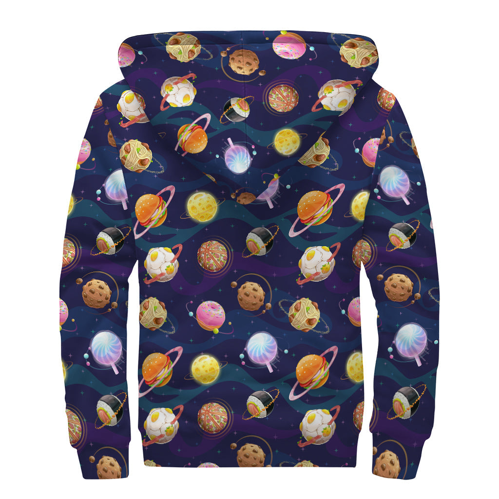 Food Planets Pattern Print Sherpa Lined Zip Up Hoodie For Boho Hippie Autism