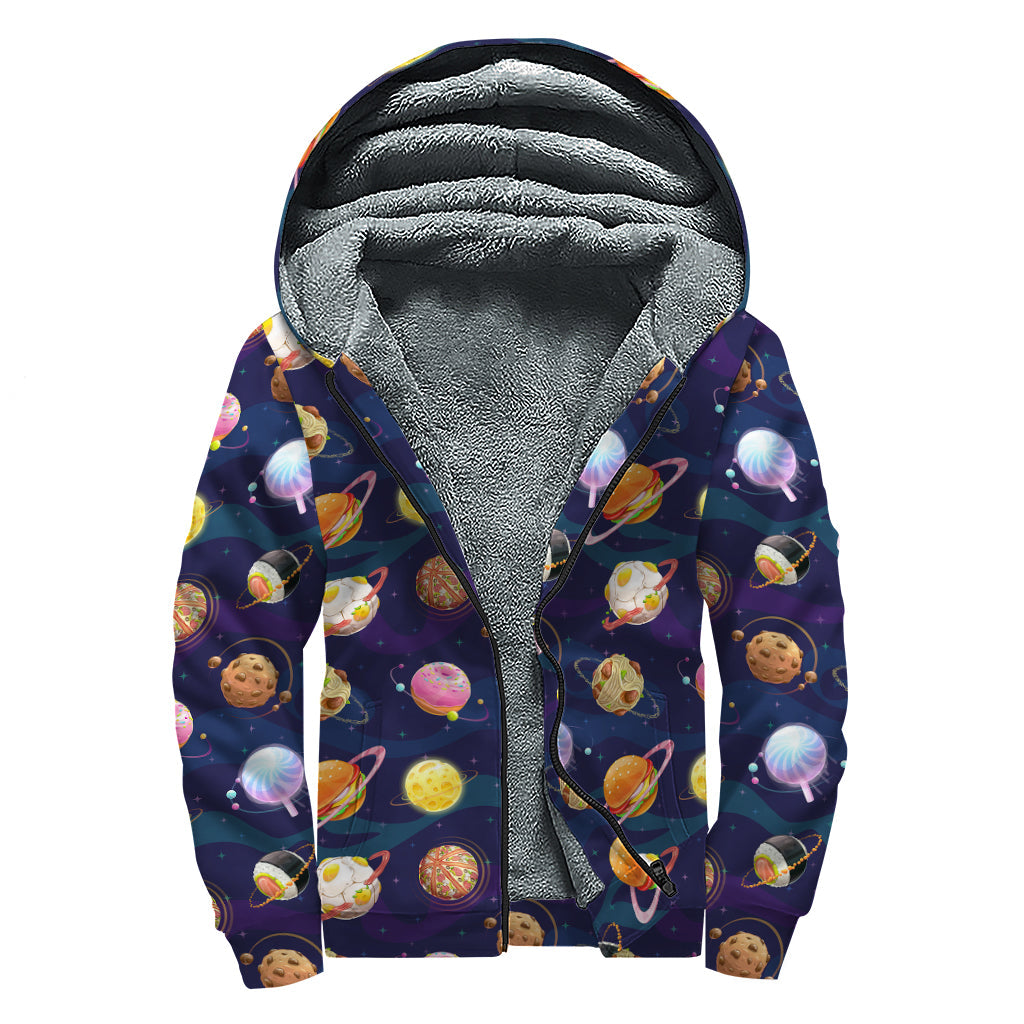 Food Planets Pattern Print Sherpa Lined Zip Up Hoodie For Boho Hippie Autism