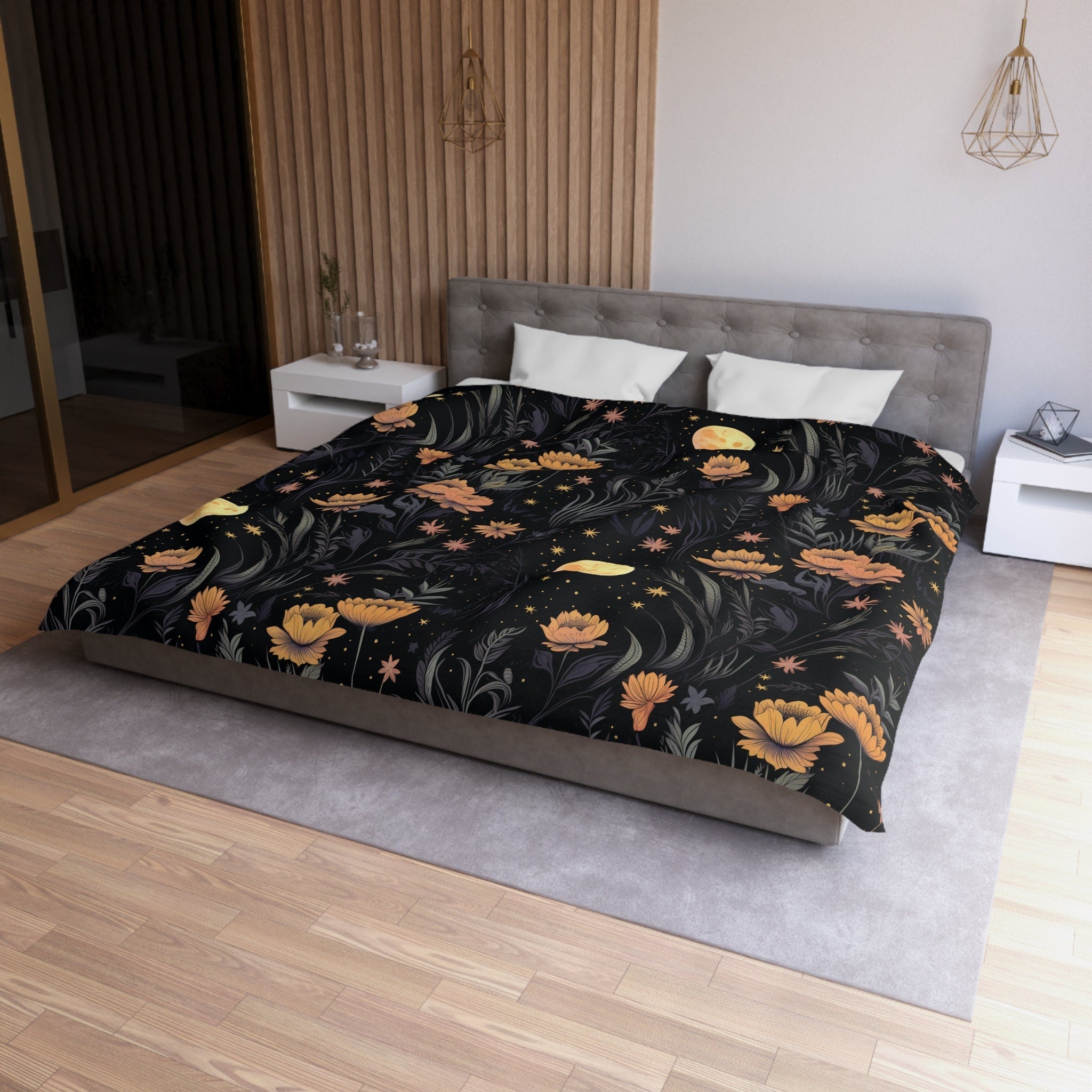 Hippie Art Zone - Garden of Shadows Floral, Halloween Witchy Flowers Bedding Set For Hippies