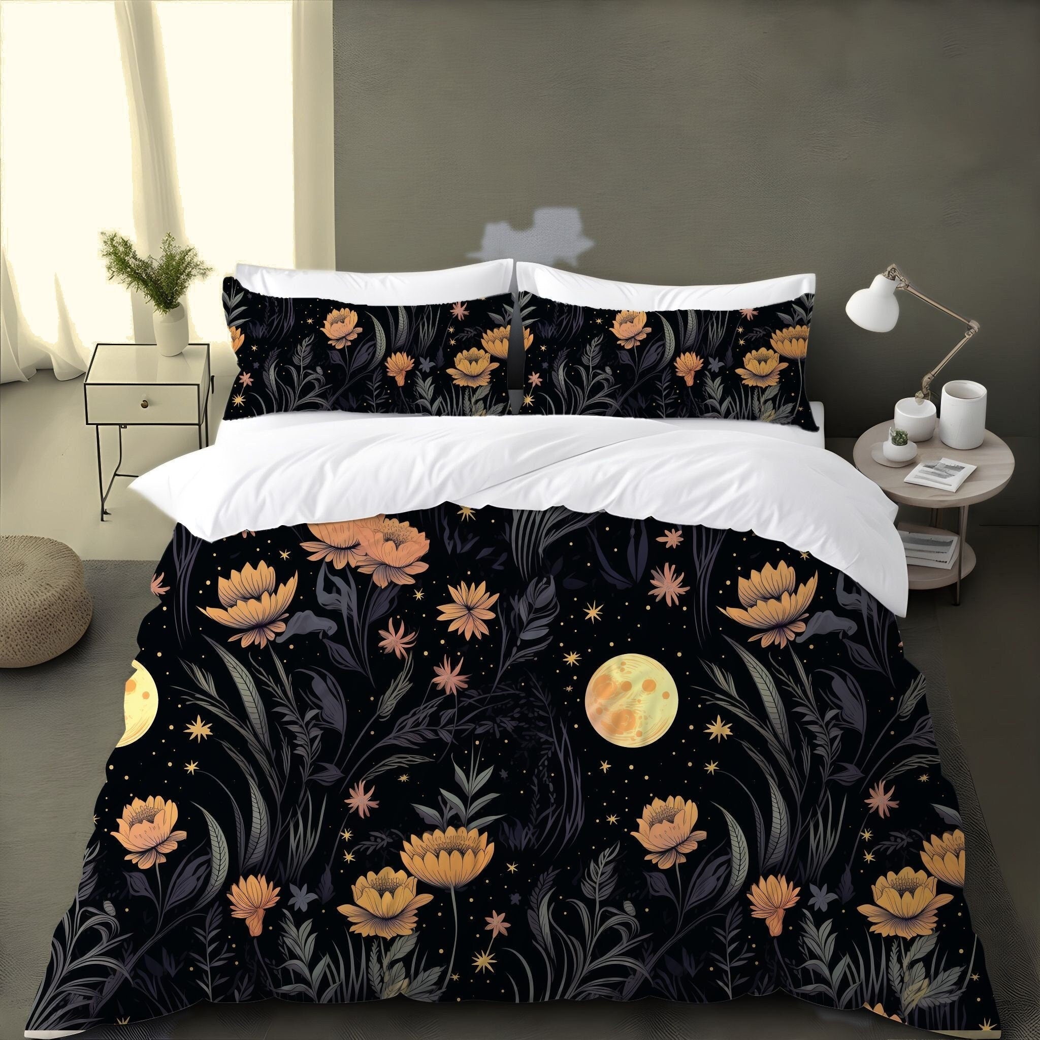 Hippie Art Zone - Garden of Shadows Floral, Halloween Witchy Flowers Bedding Set For Hippies