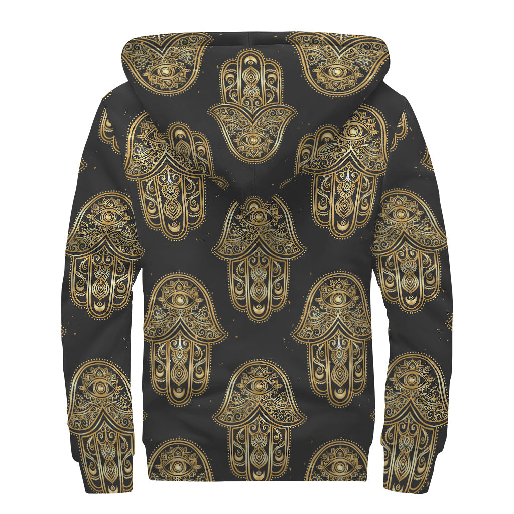 Gold Hamsa Pattern Print Sherpa Lined Zip Up Hoodie For Boho Hippie