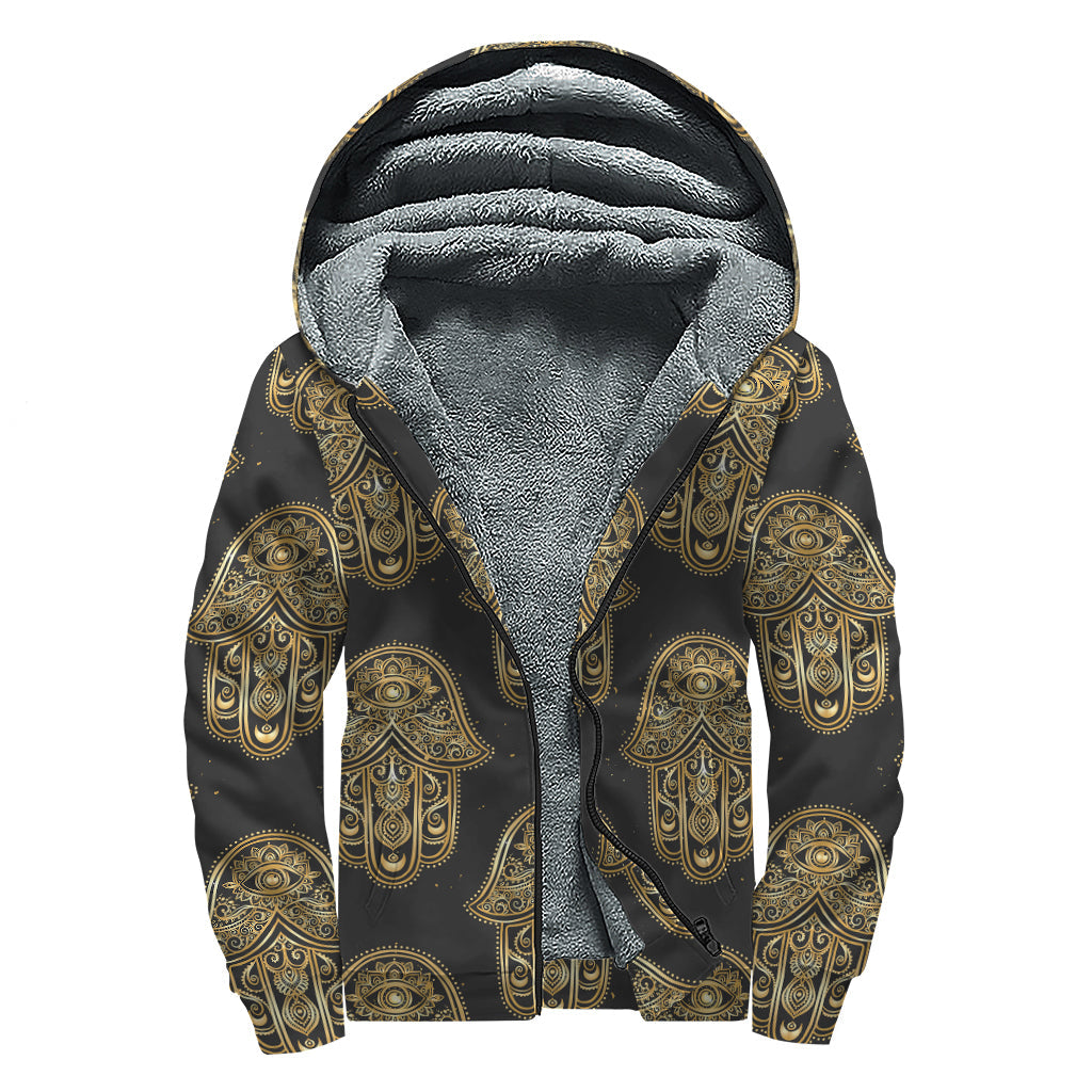 Gold Hamsa Pattern Print Sherpa Lined Zip Up Hoodie For Boho Hippie