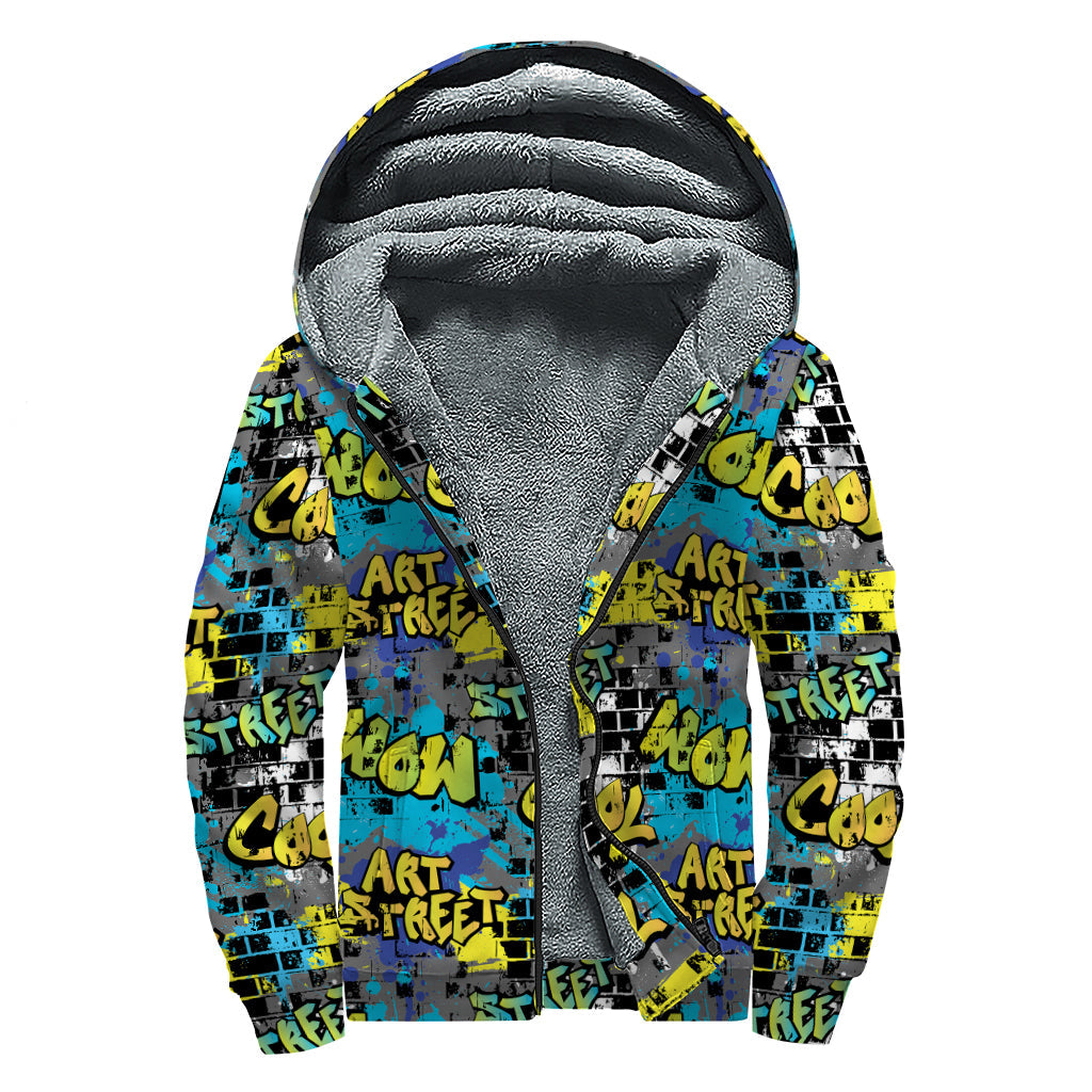 Graffiti Wall Print Sherpa Lined Zip Up Hoodie For Boho Hippie