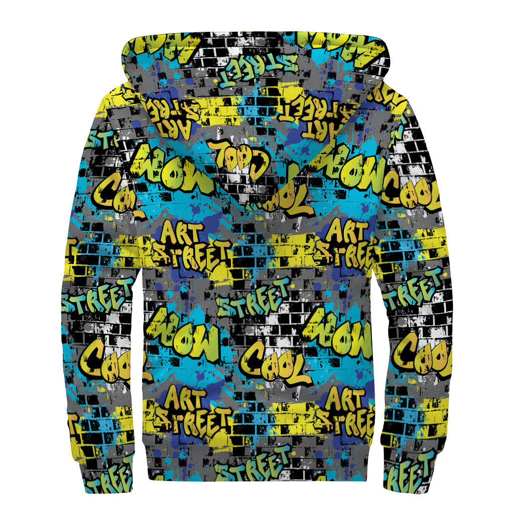 Graffiti Wall Print Sherpa Lined Zip Up Hoodie For Boho Hippie