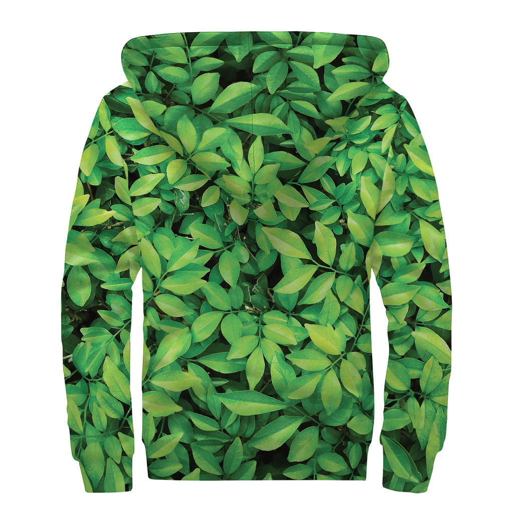 Green Leaf Print Sherpa Lined Zip Up Hoodie For Boho Hippie Autism