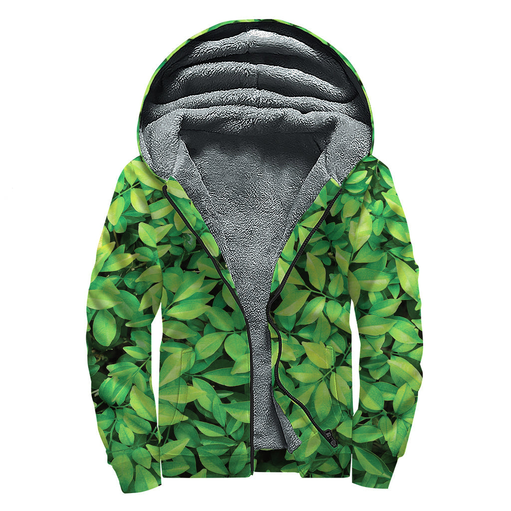 Green Leaf Print Sherpa Lined Zip Up Hoodie For Boho Hippie Autism