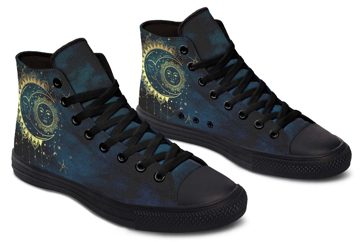 hippieartzone Shoes - Antique Style Crescent Moon High-Top Sneakers.
