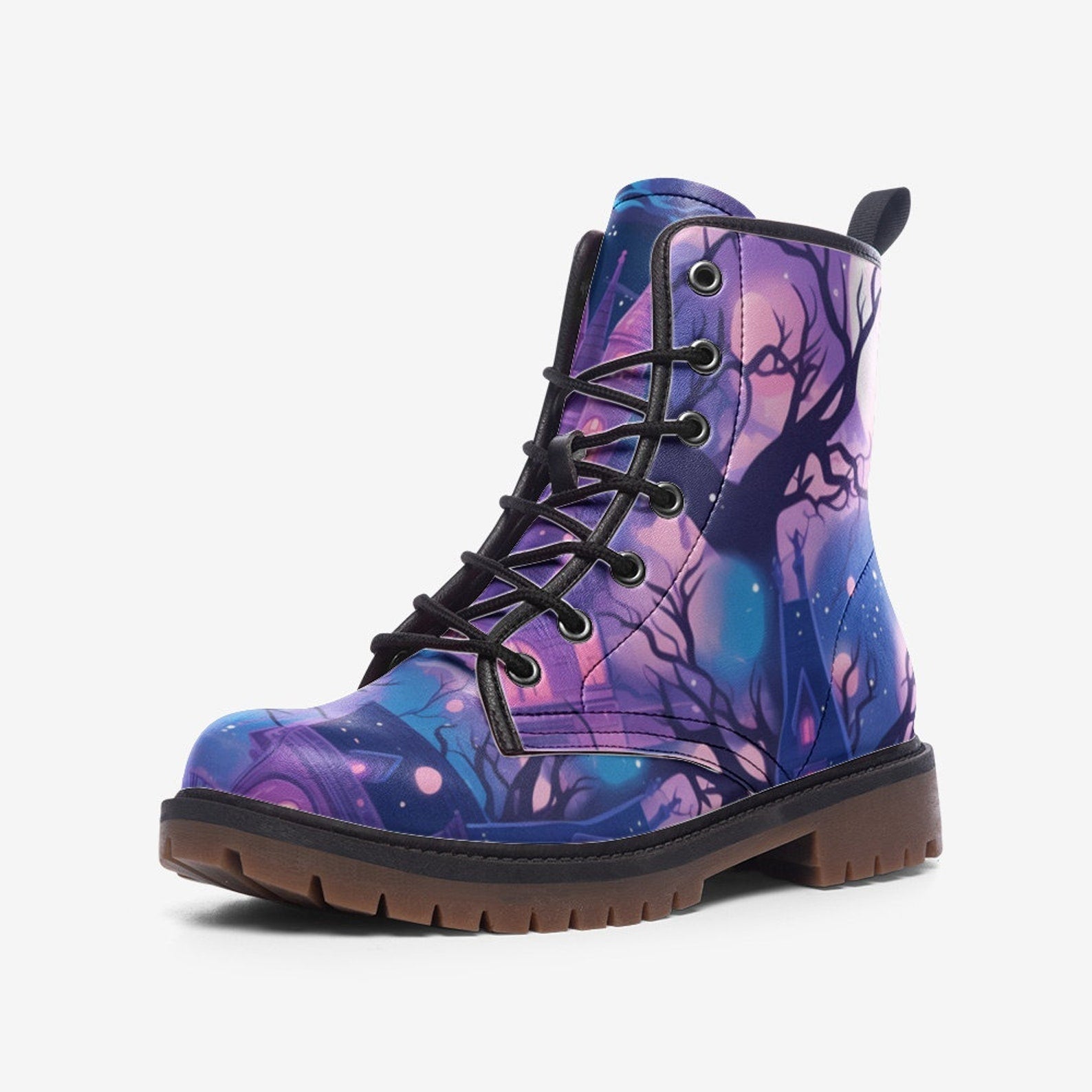 Hippie Art Zone - Haunted House Casual Leather Lightweight Boots | Combat Boots For Hippies