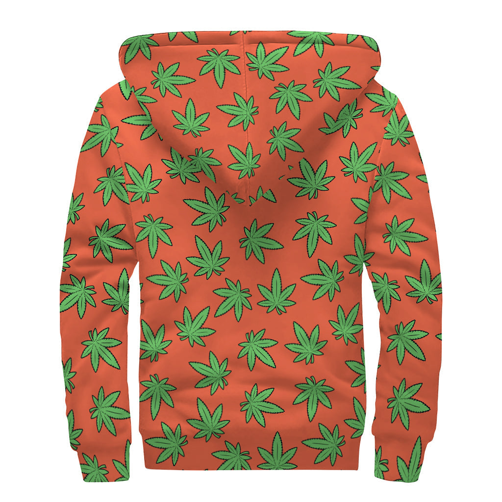 Hemp Leaf Pattern Print Sherpa Lined Zip Up Hoodie For Boho Hippie