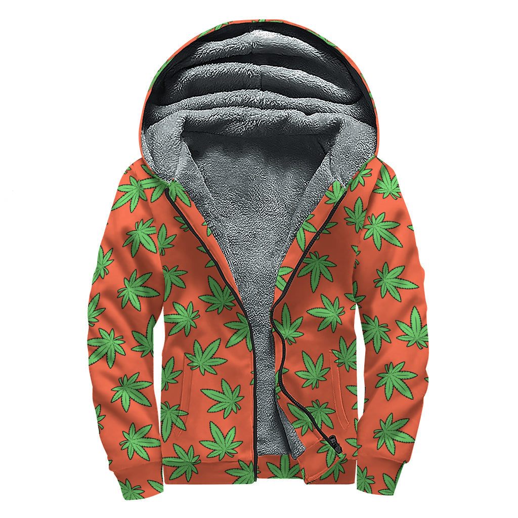 Hemp Leaf Pattern Print Sherpa Lined Zip Up Hoodie For Boho Hippie