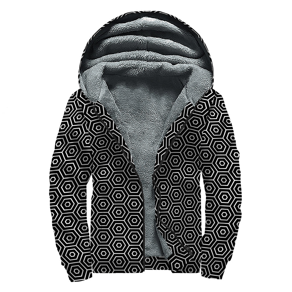 Hexagon Geometric Pattern Print Sherpa Lined Zip Up Hoodie For Boho Hippie Autism