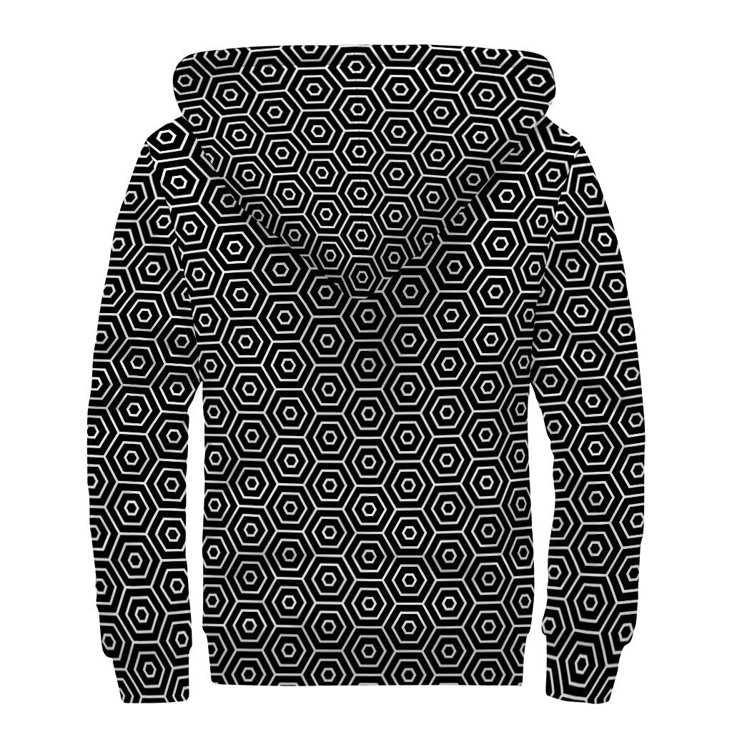 Hexagon Geometric Pattern Print Sherpa Lined Zip Up Hoodie For Boho Hippie Autism