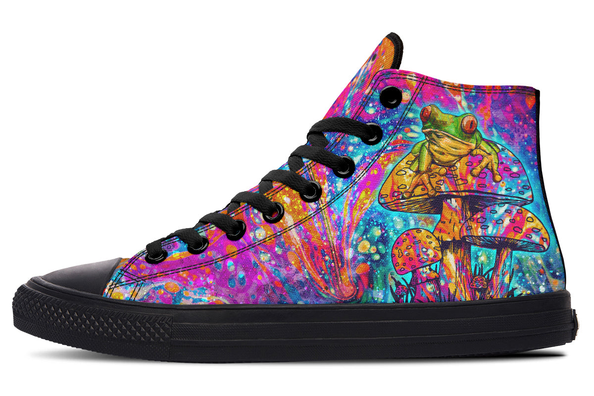 hippieartzone Shoes - FROG AND COLORFUL MUSHROOMS