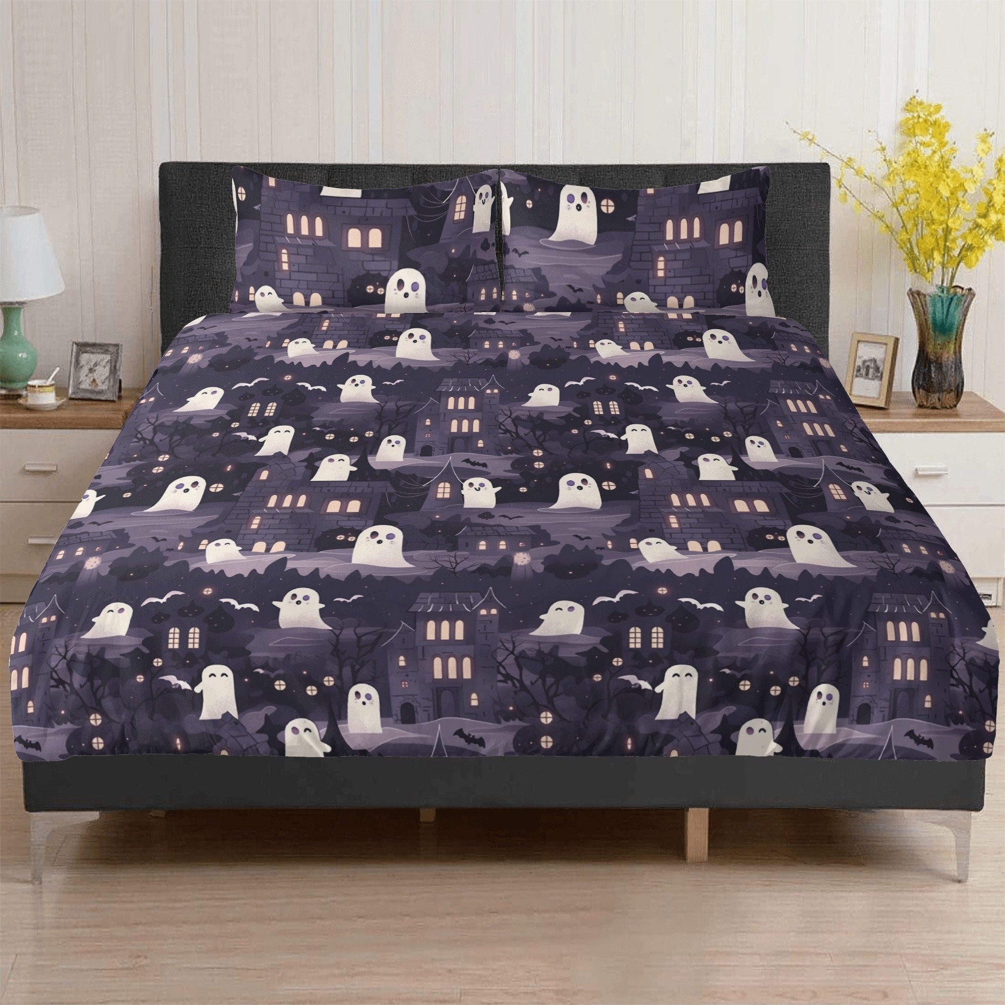 Hippie Art Zone - Kawaii Goth Spooky, Halloween Haunted Mansion Bedding Set For Hippies