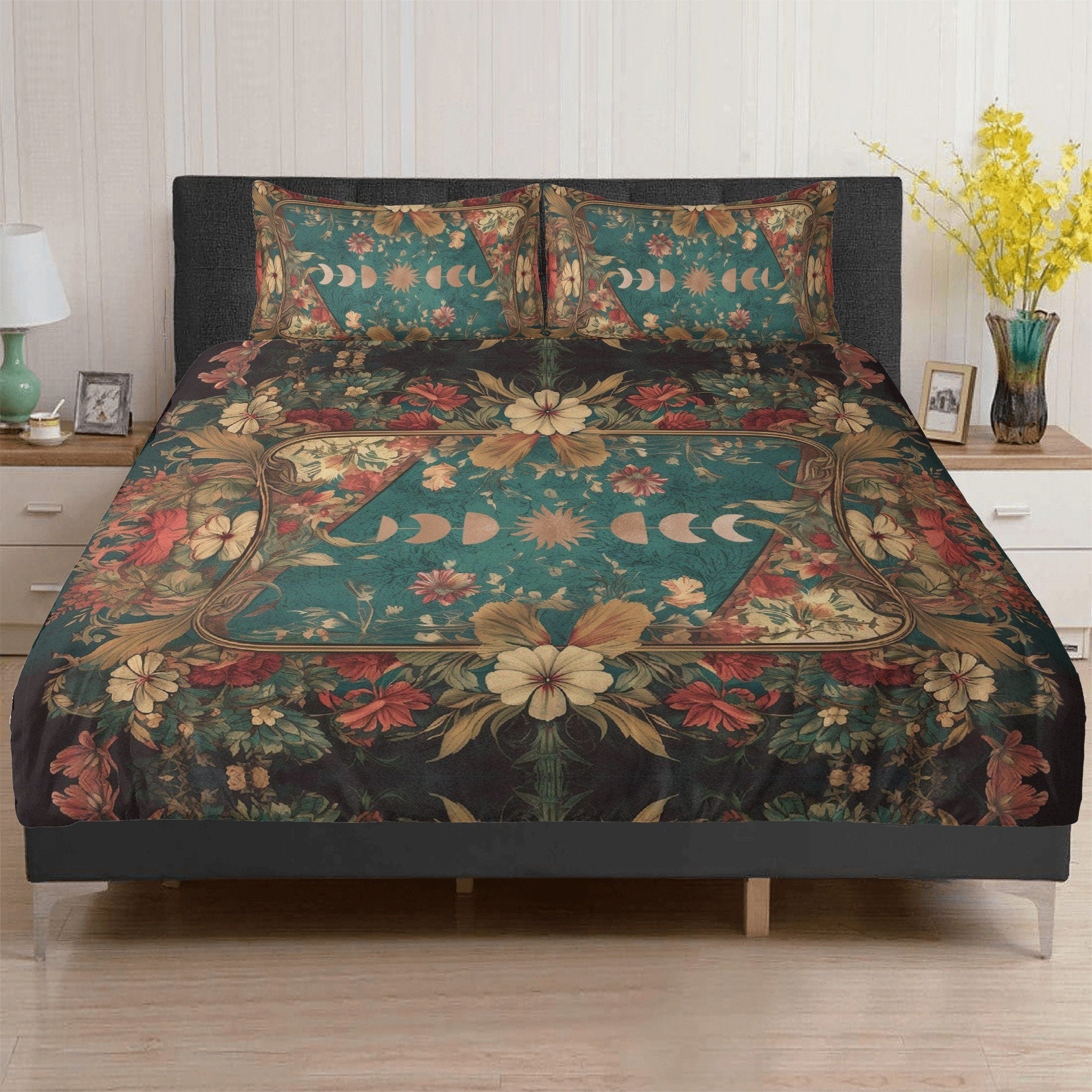 Maximalist Teal Green Cottagecore Forest 3 Pcs Beddings For Hippie