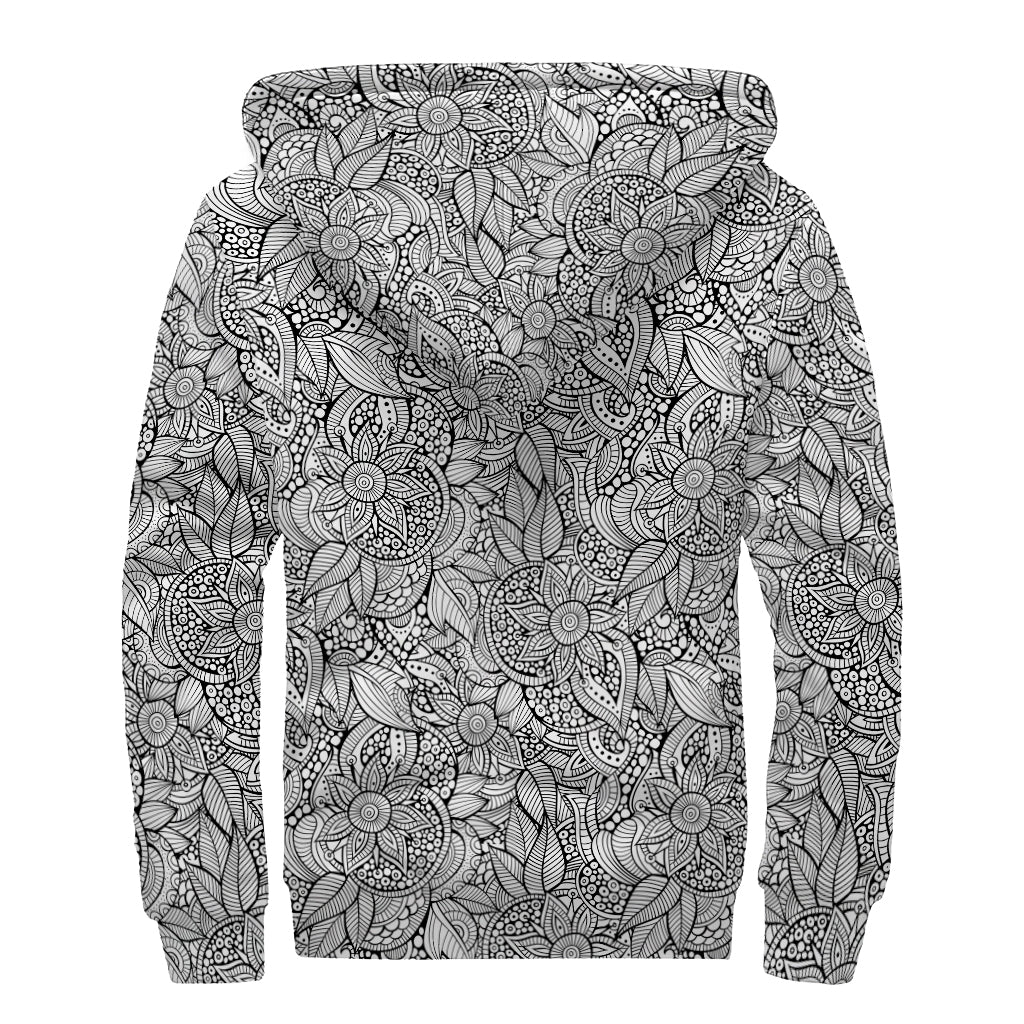 Monochrome Zentangle Pattern Print Sherpa Lined Zip Up Hoodie For Boho Hippie