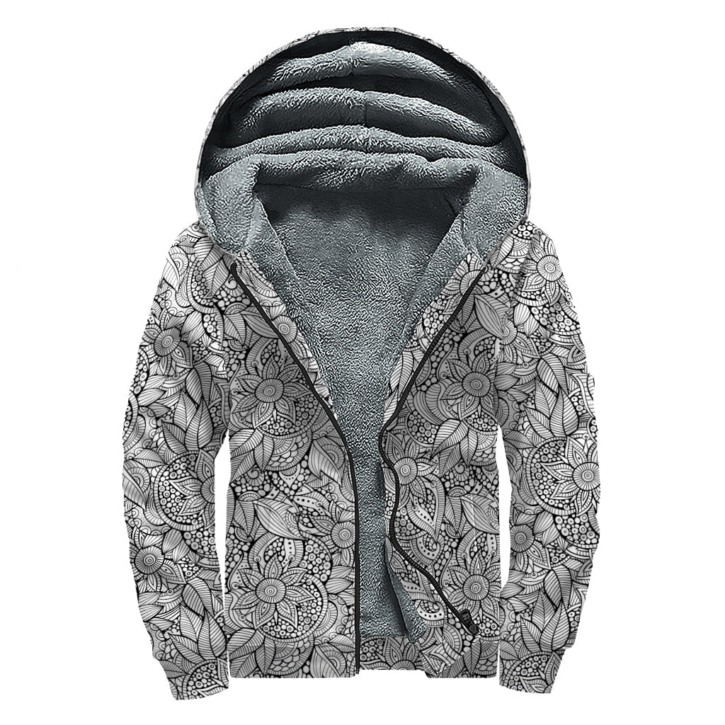 Monochrome Zentangle Pattern Print Sherpa Lined Zip Up Hoodie For Boho Hippie