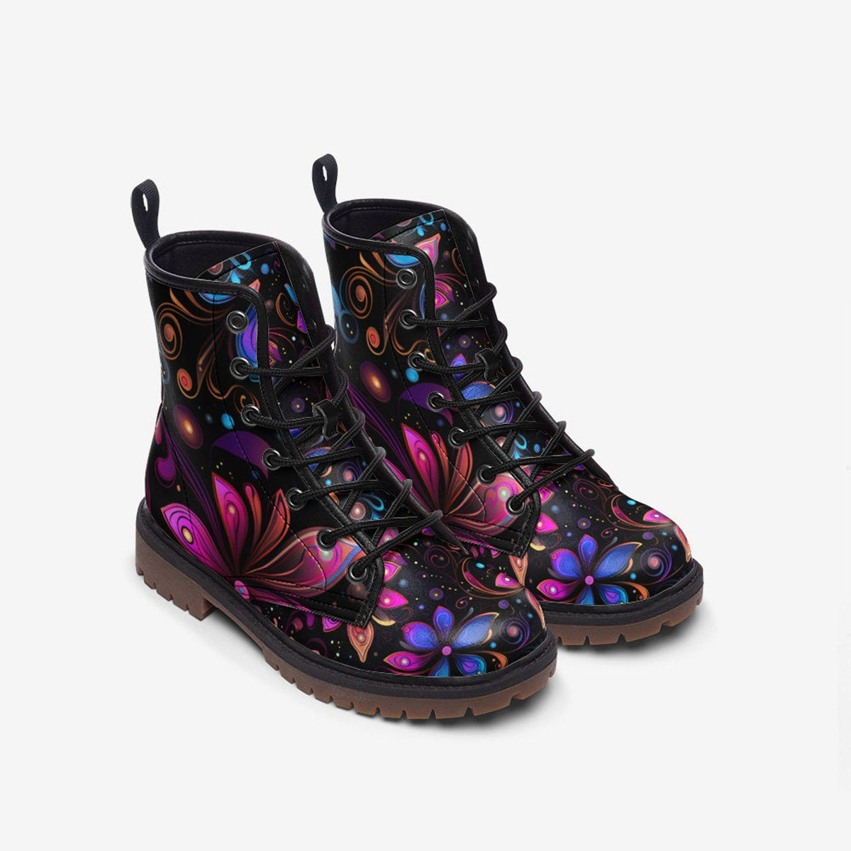 Hippie Art Zone - Neon Airbrush Flowers Painted Vegan Leather Combat Boots For Hippies