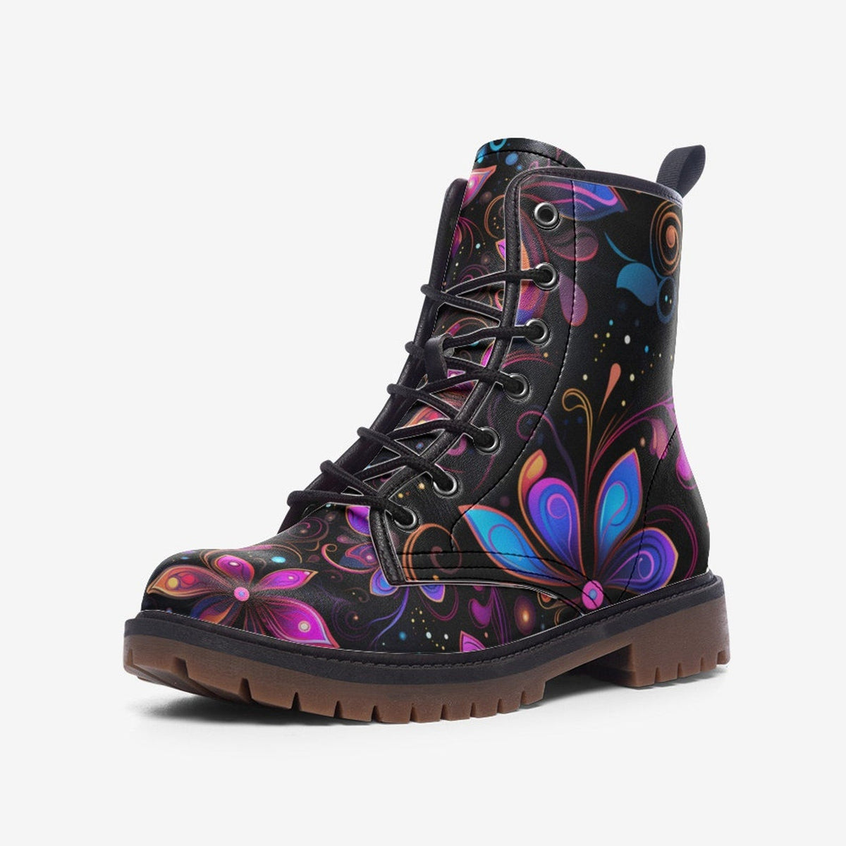 Hippie Art Zone - Neon Airbrush Flowers Painted Vegan Leather Combat Boots For Hippies