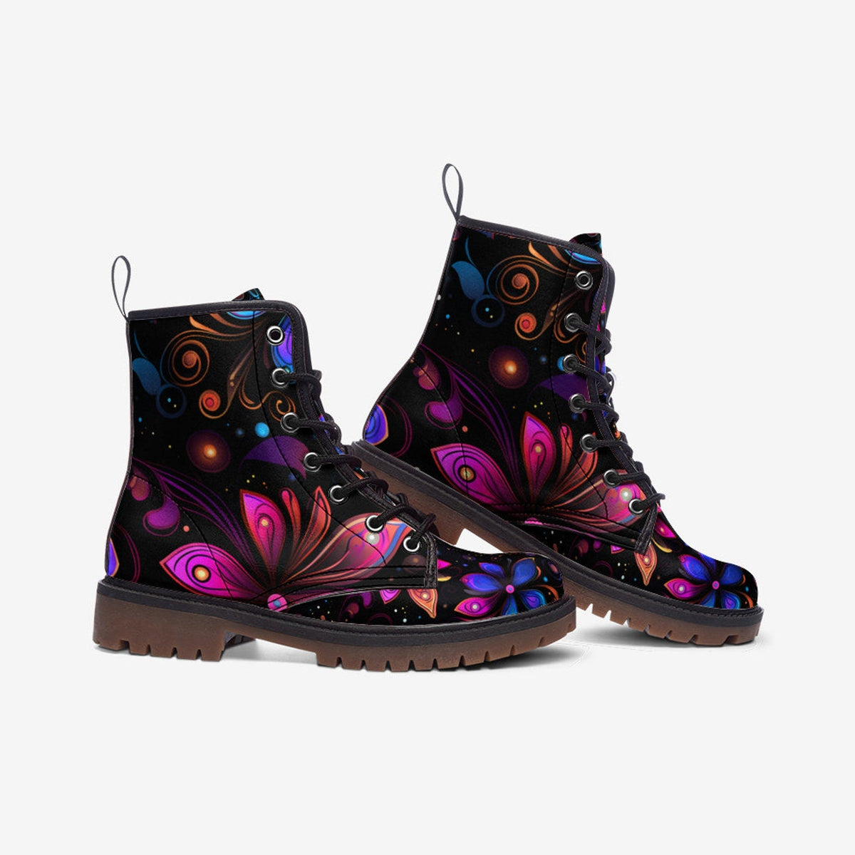 Hippie Art Zone - Neon Airbrush Flowers Painted Vegan Leather Combat Boots For Hippies