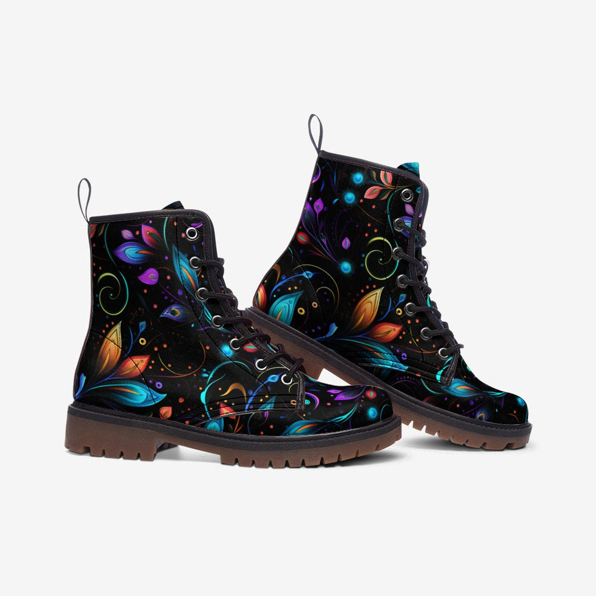 Hippie Art Zone - Neon Fantasy Leaves Painted Vegan Leather Combat Boots For Hippies