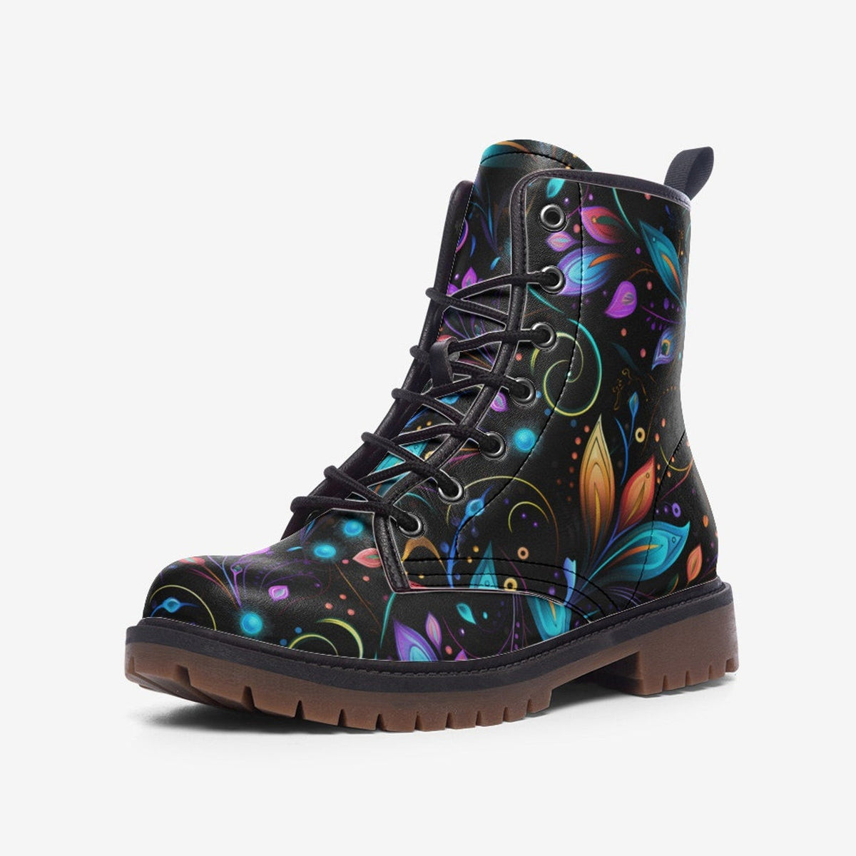 Hippie Art Zone - Neon Fantasy Leaves Painted Vegan Leather Combat Boots For Hippies