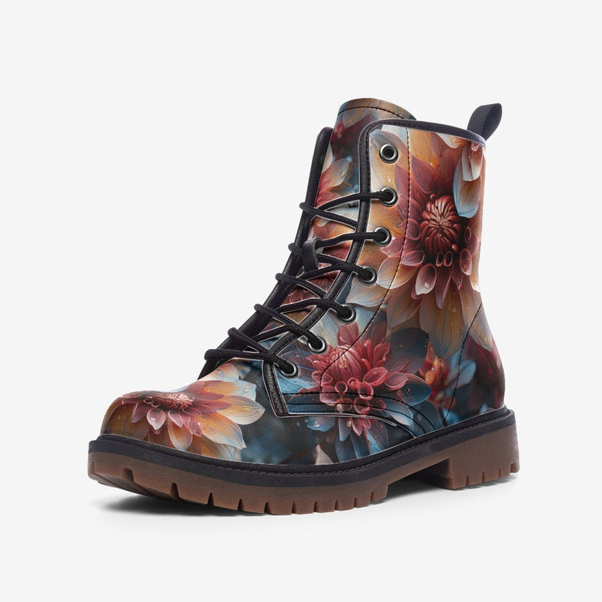 Hippie Art Zone - Orange Dahlia Casual Faux Leather Lightweight Boots | Unique Boots For Hippies