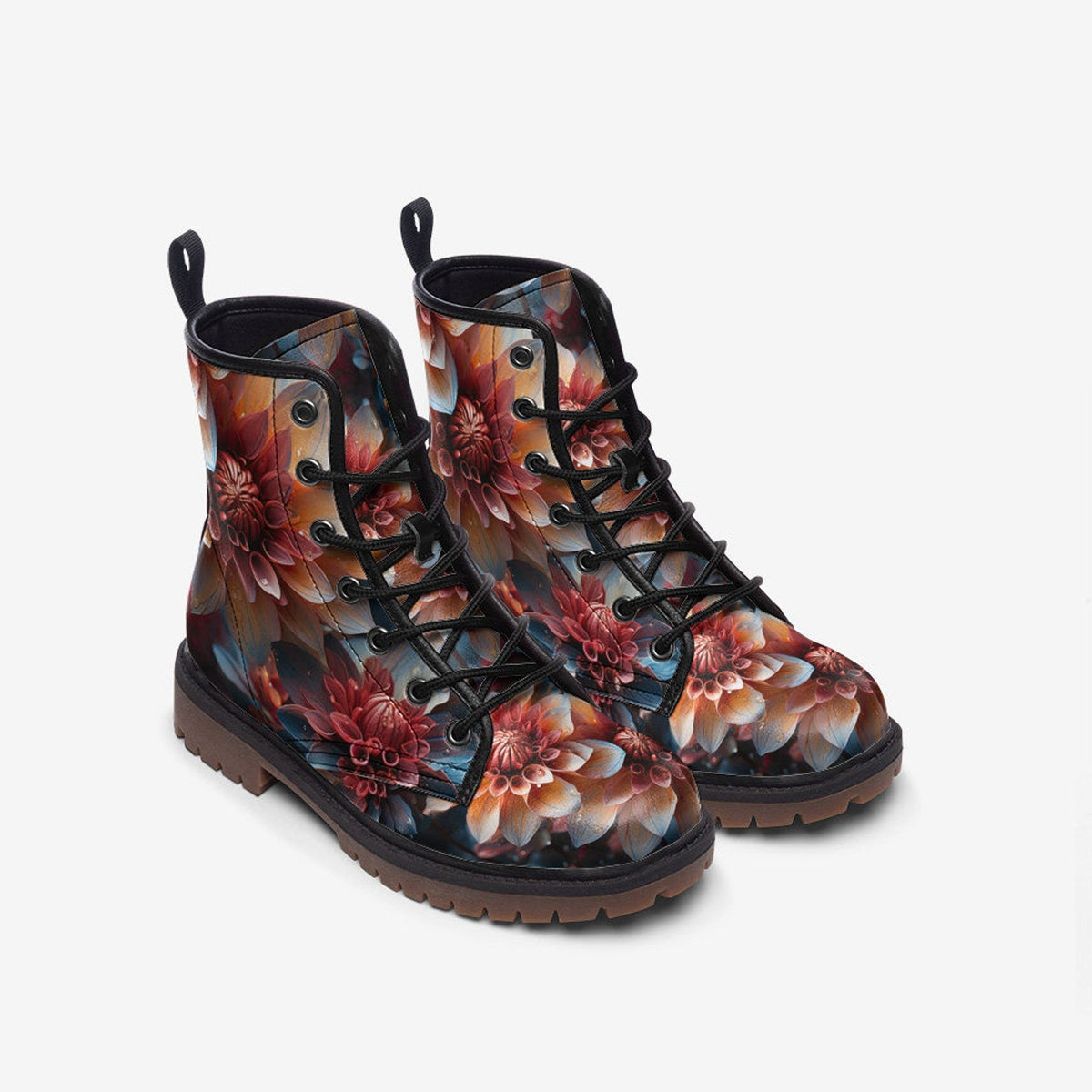 Hippie Art Zone - Orange Dahlia Casual Faux Leather Lightweight Boots | Unique Boots For Hippies