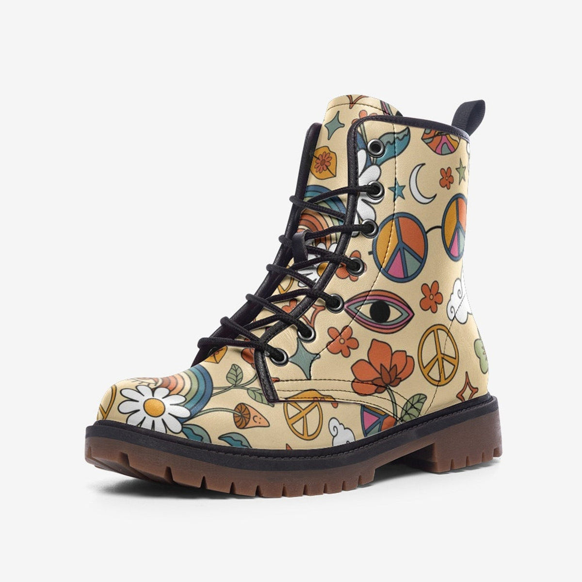 Hippie Art Zone - Peace and Love Vegan Leather Combat Boots For Hippies