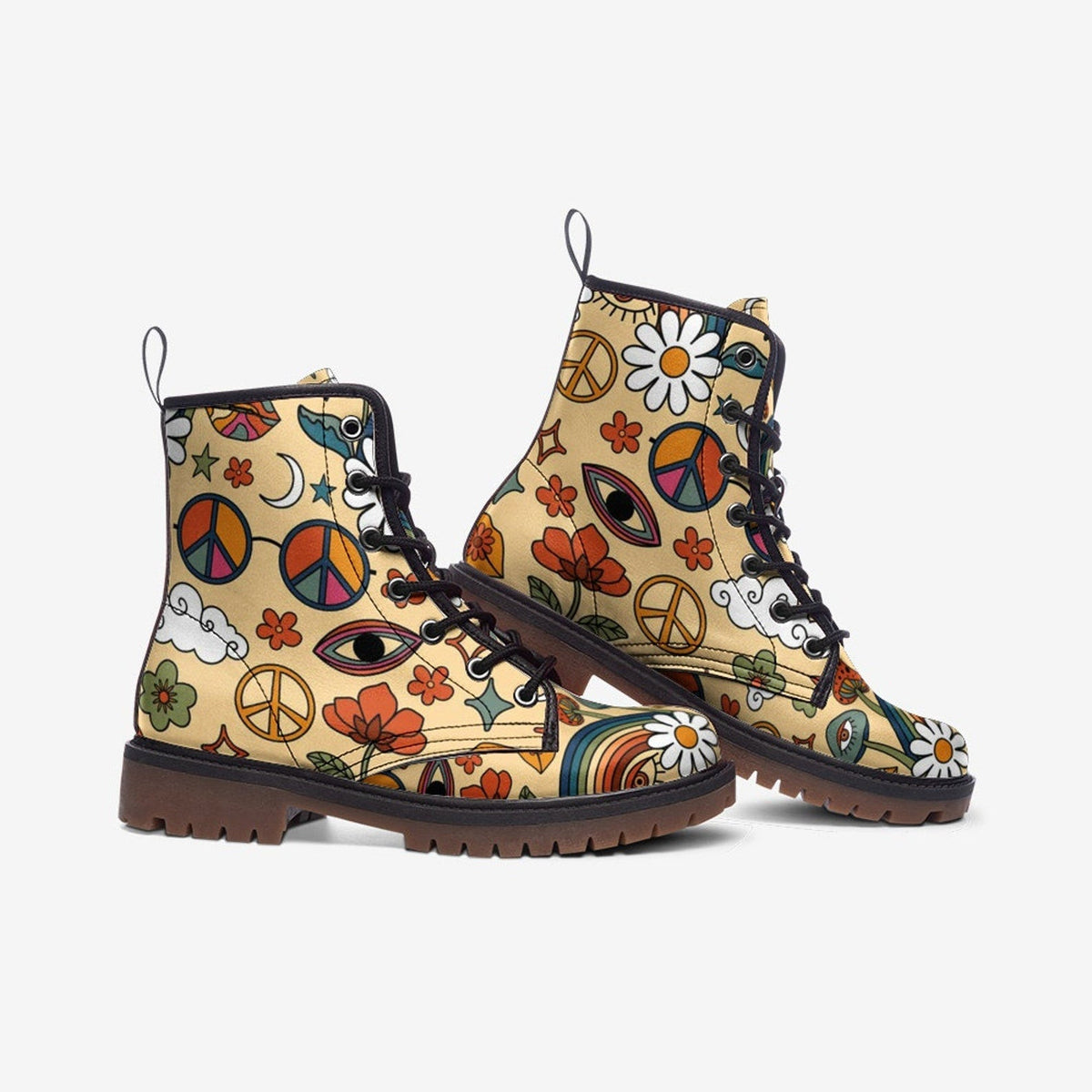 Hippie Art Zone - Peace and Love Vegan Leather Combat Boots For Hippies