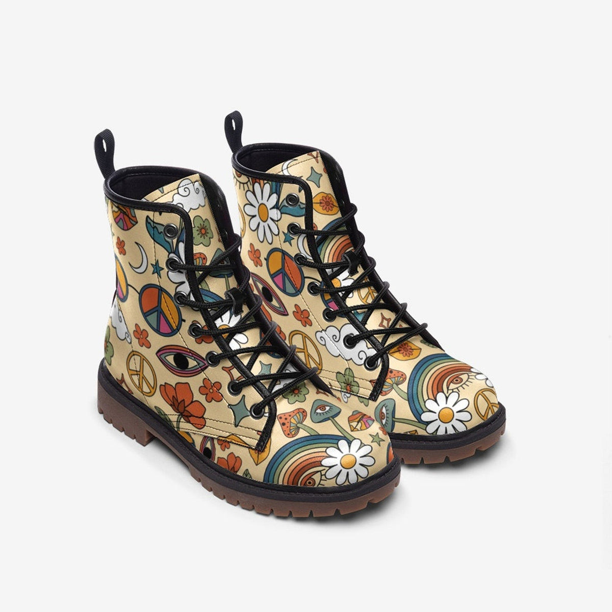 Hippie Art Zone - Peace and Love Vegan Leather Combat Boots For Hippies