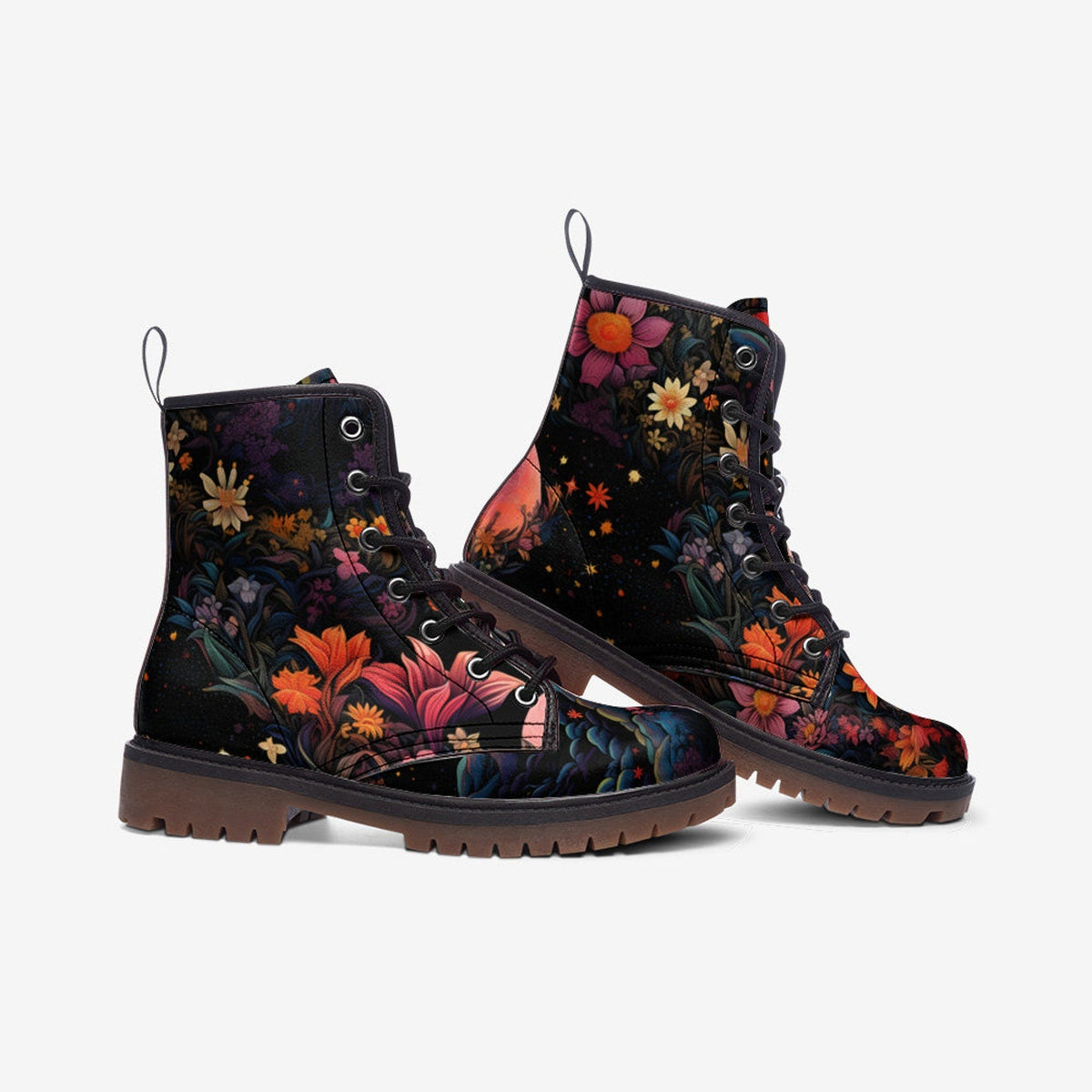 Hippie Art Zone - Pink Moon Fantasy Garden Vegan Leather Combat Boots For Hippies