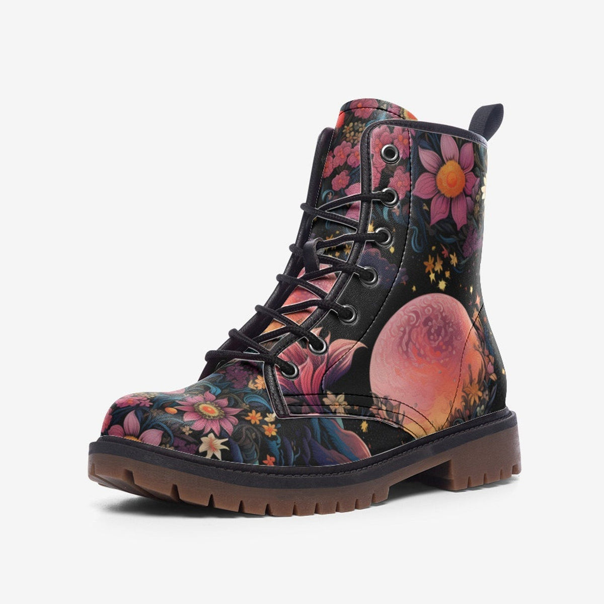 Hippie Art Zone - Pink Moon Fantasy Garden Vegan Leather Combat Boots For Hippies