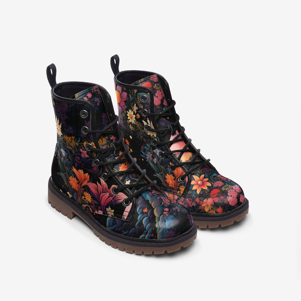 Hippie Art Zone - Pink Moon Fantasy Garden Vegan Leather Combat Boots For Hippies