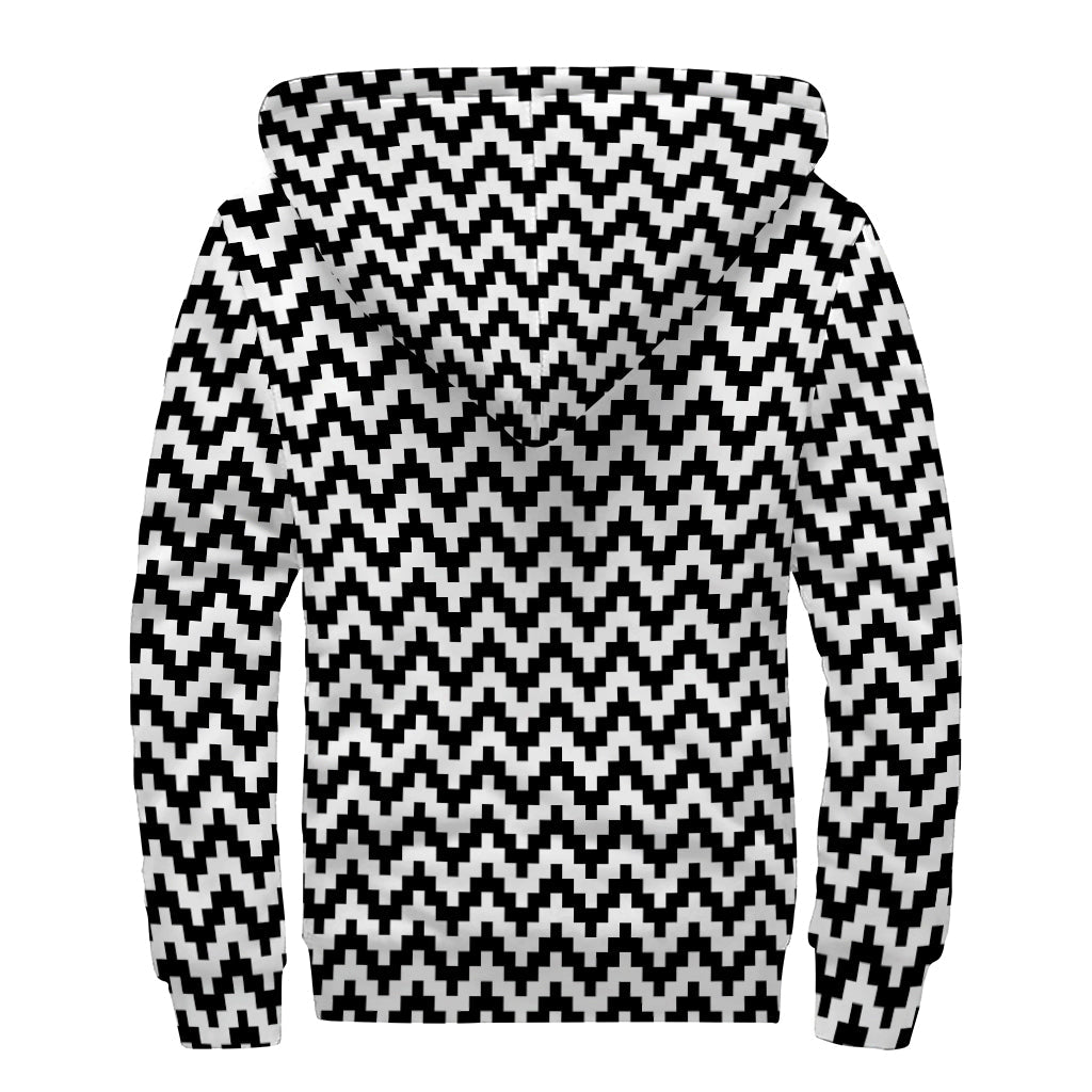 Pixel Zigzag Pattern Print Sherpa Lined Zip Up Hoodie For Boho Hippie Autism