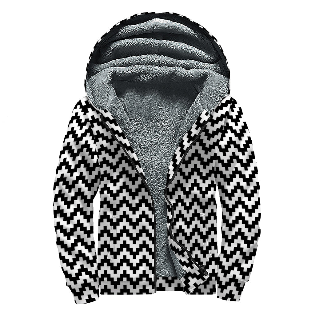 Pixel Zigzag Pattern Print Sherpa Lined Zip Up Hoodie For Boho Hippie Autism