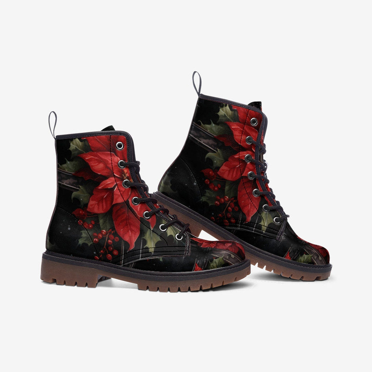 Hippie Art Zone - Poinsettia Flower Light Leather Boots For Hippies