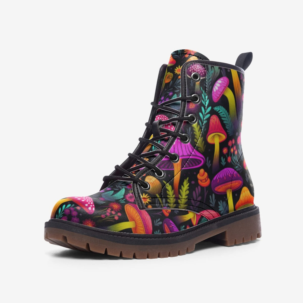 Hippie Art Zone - Psychedelic Mushrooms Vegan Leather Combat Boots For Hippies