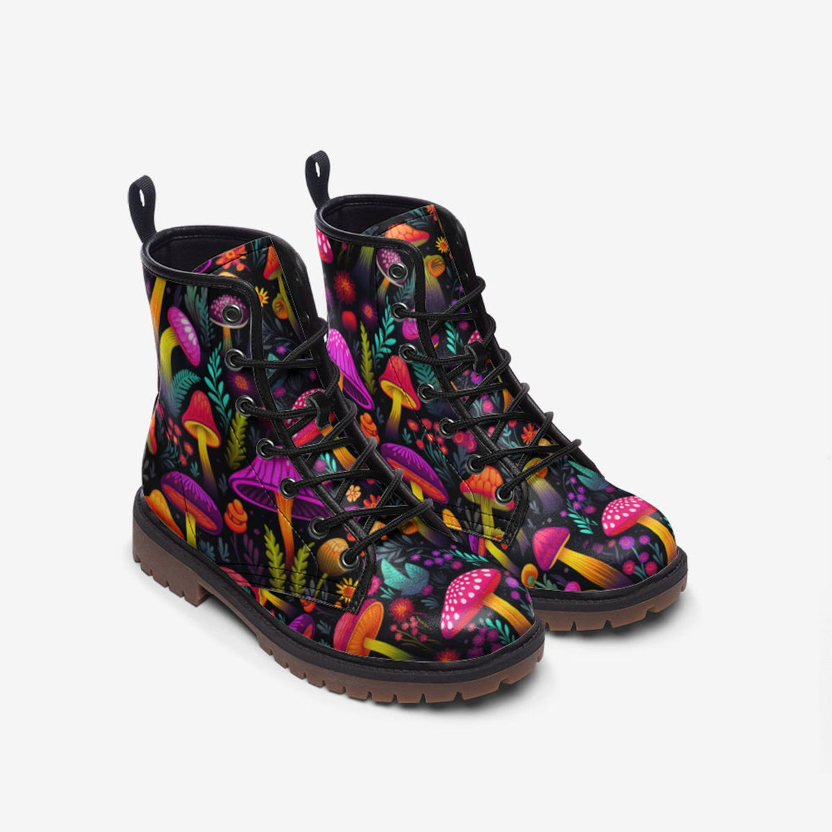 Hippie Art Zone - Psychedelic Mushrooms Vegan Leather Combat Boots For Hippies