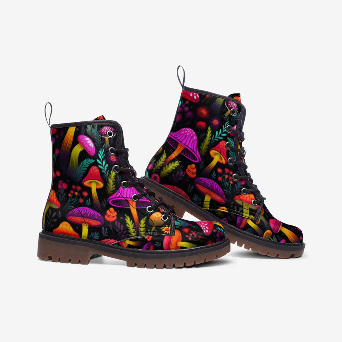 Hippie Art Zone - Psychedelic Mushrooms Vegan Leather Combat Boots For Hippies