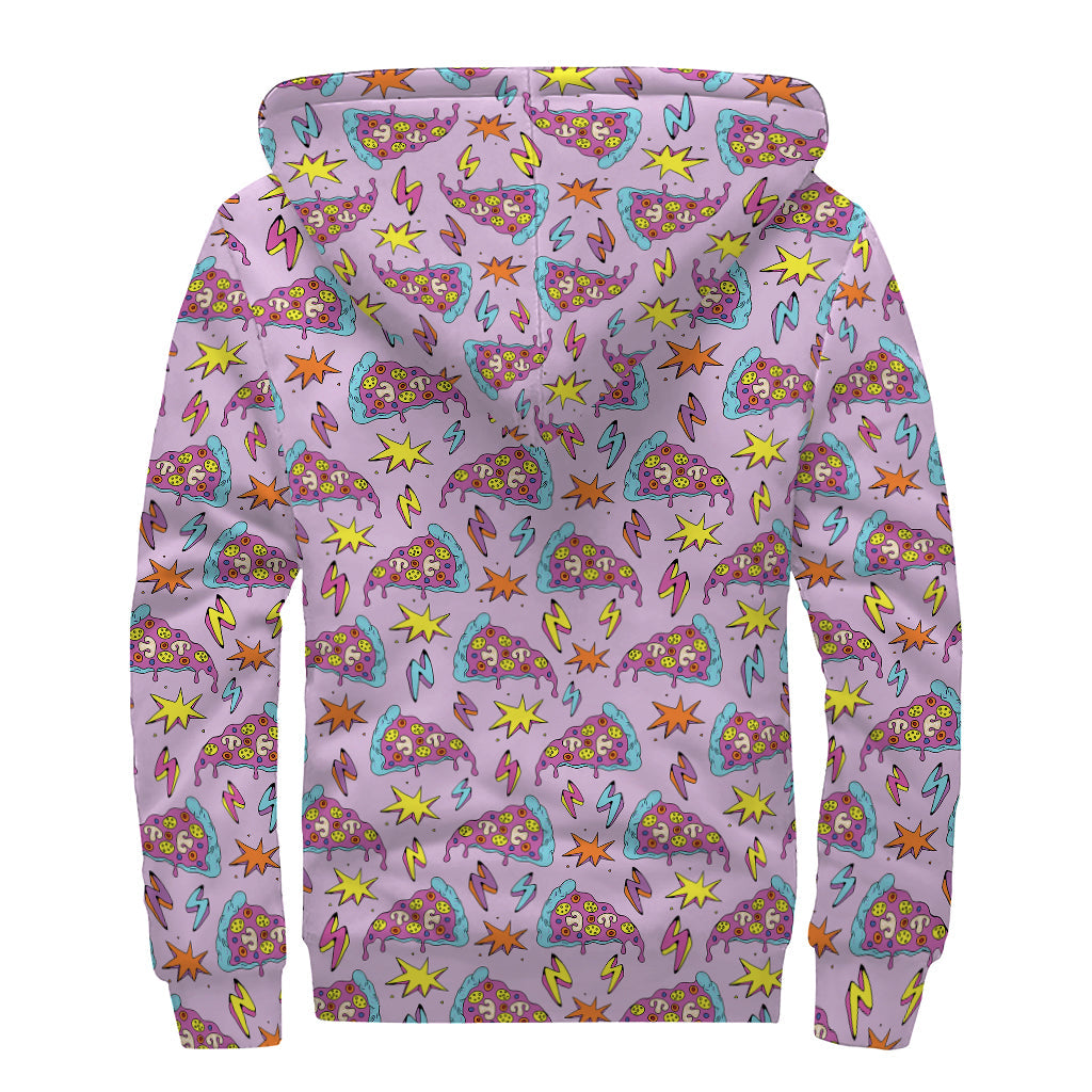 Psychedelic Pizza Pattern Print Sherpa Lined Zip Up Hoodie For Boho Hippie Autism