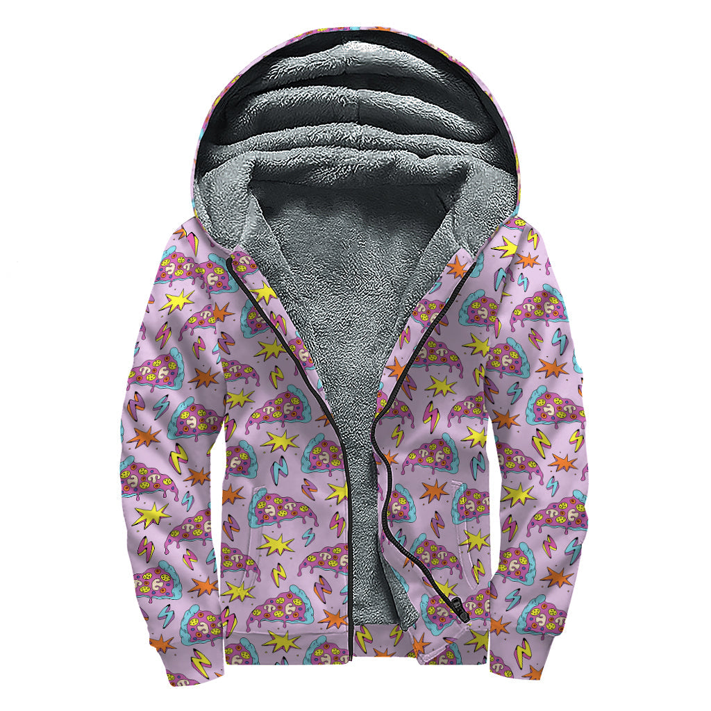 Psychedelic Pizza Pattern Print Sherpa Lined Zip Up Hoodie For Boho Hippie Autism